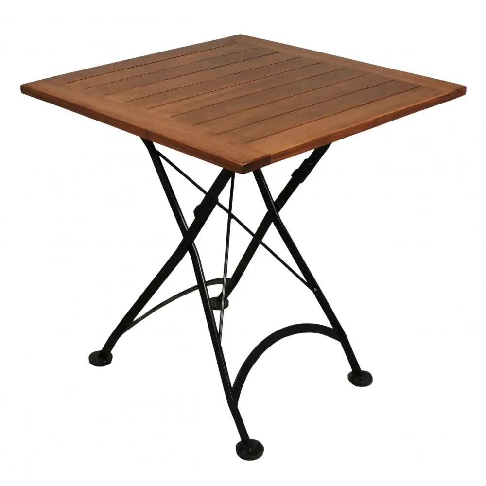 Five-piece patio dining set: square 28-inch European chestnut wood slats table with black steel foldable X-frame legs