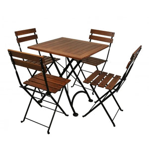 Villohome five-piece outdoor dining set with a 28-inch square chestnut wood slats top and four folding chairs.