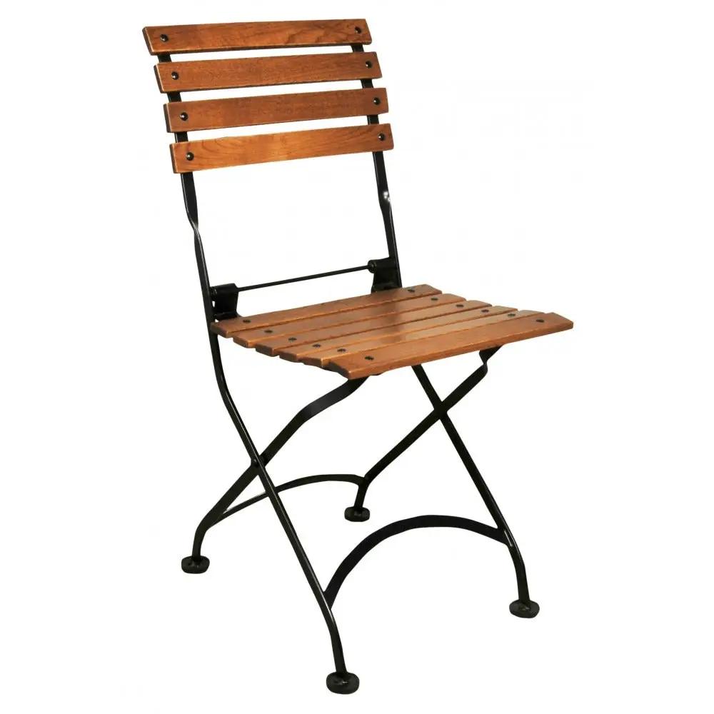 Outdoor folding dining chair with wood slat seat and back, black metal frame