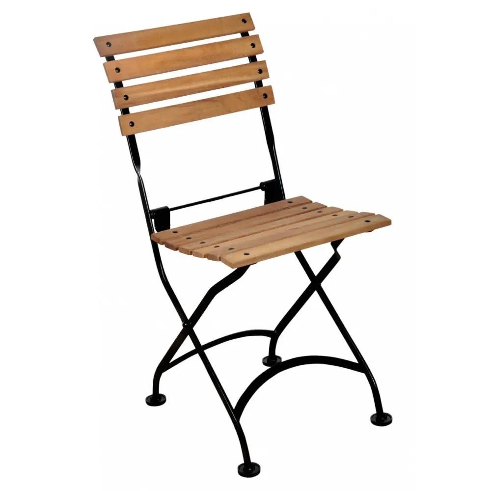 Outdoor folding dining chair with natural African teak slats and black metal frame