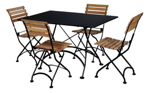Five Piece Outdoor Dining Set with 32x48 in black steel-top table and four natural African teak chairs by Villohome