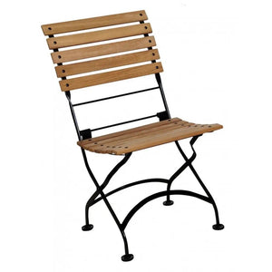 Natural African teak slat outdoor dining chair with a black metal frame
