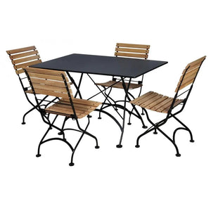 Five-piece outdoor dining set with a 32x48-inch black steel-top table and four natural African teak slat chairs