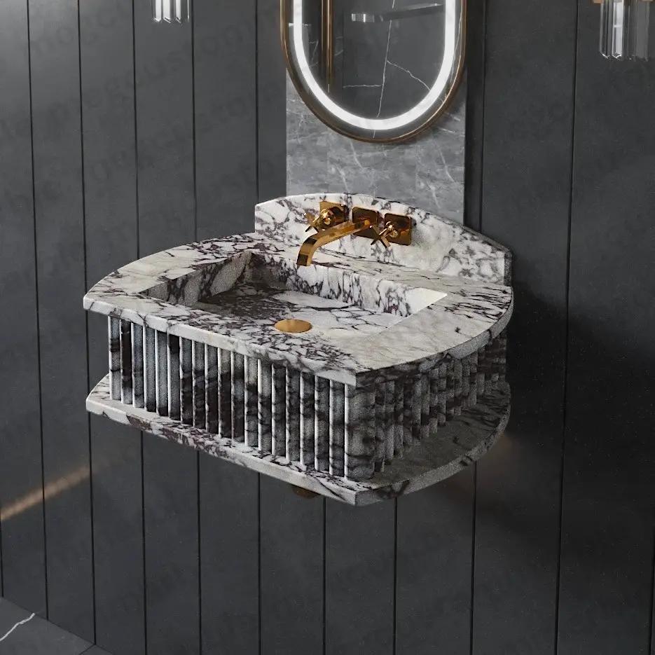 Bathroom fluted marble vessel sink, MEG Custom Marble Calacatta, floating wall-mounted with gold faucet