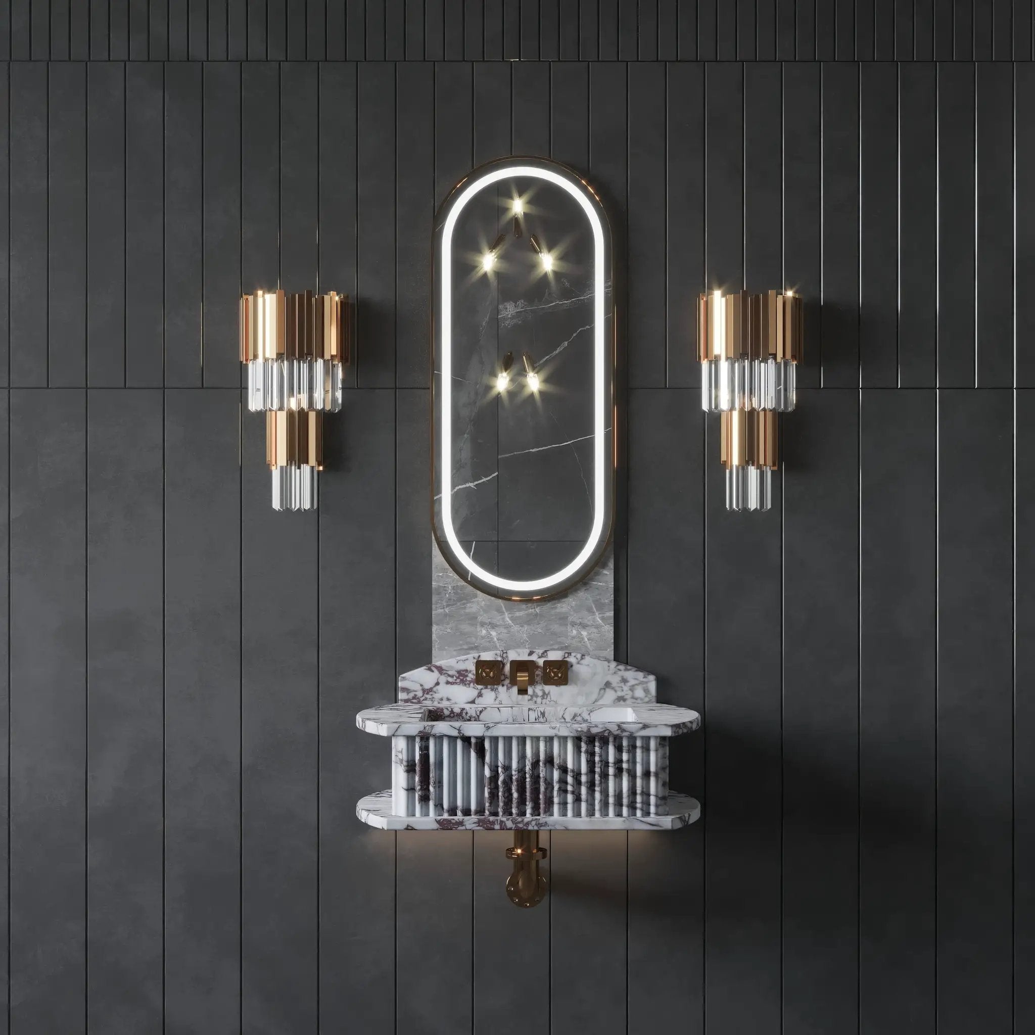 Bathroom fluted marble vessel sink mounted on a dark wall with a backlit oval mirror and copper accents.