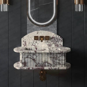 Bathroom fluted marble vessel sink in Calacatta with purple veining, wall-mounted by MEG Custom Marble.