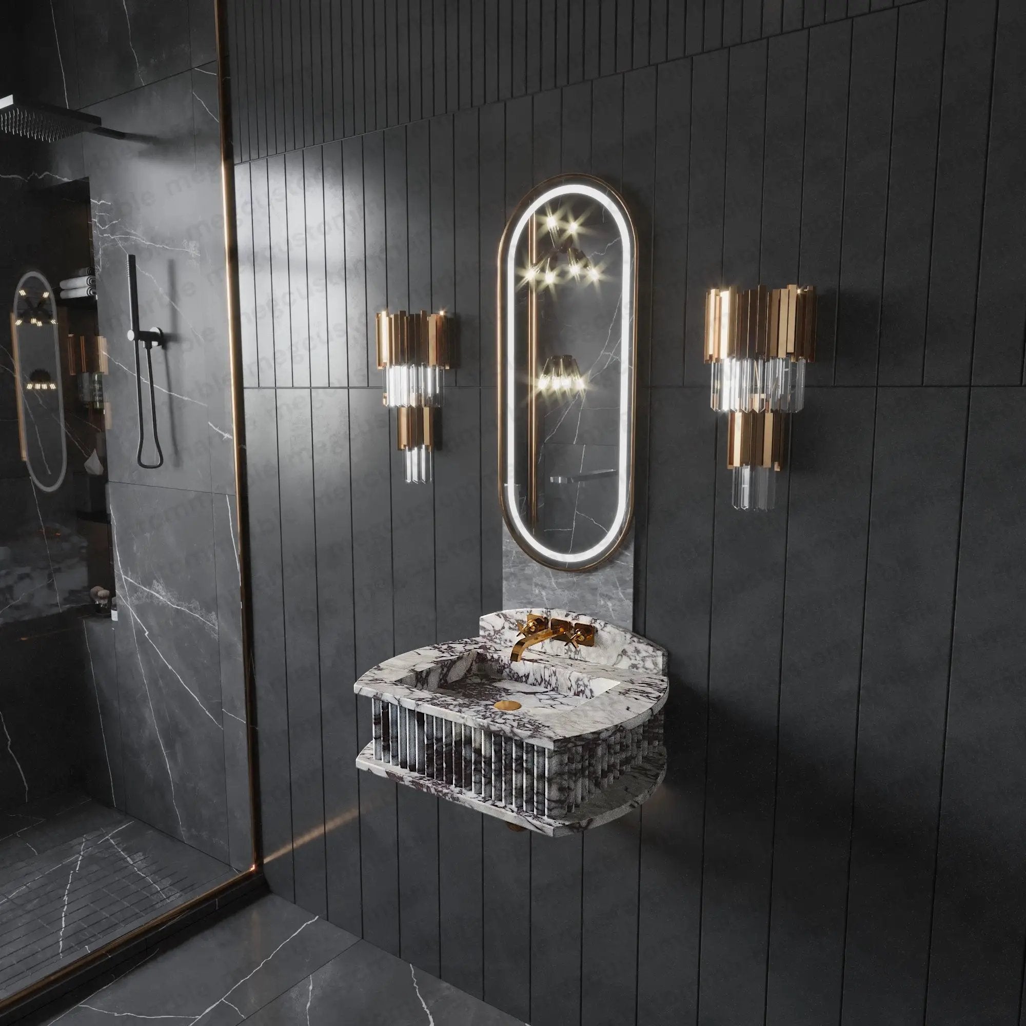 Bathroom vessel sink handcrafted in Calacatta marble with fluted exterior; wall-mounted.