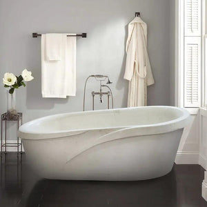 Fossil white limestone sloped bathtub, hand-carved from solid marble block, polished finish, freestanding oval tub.
