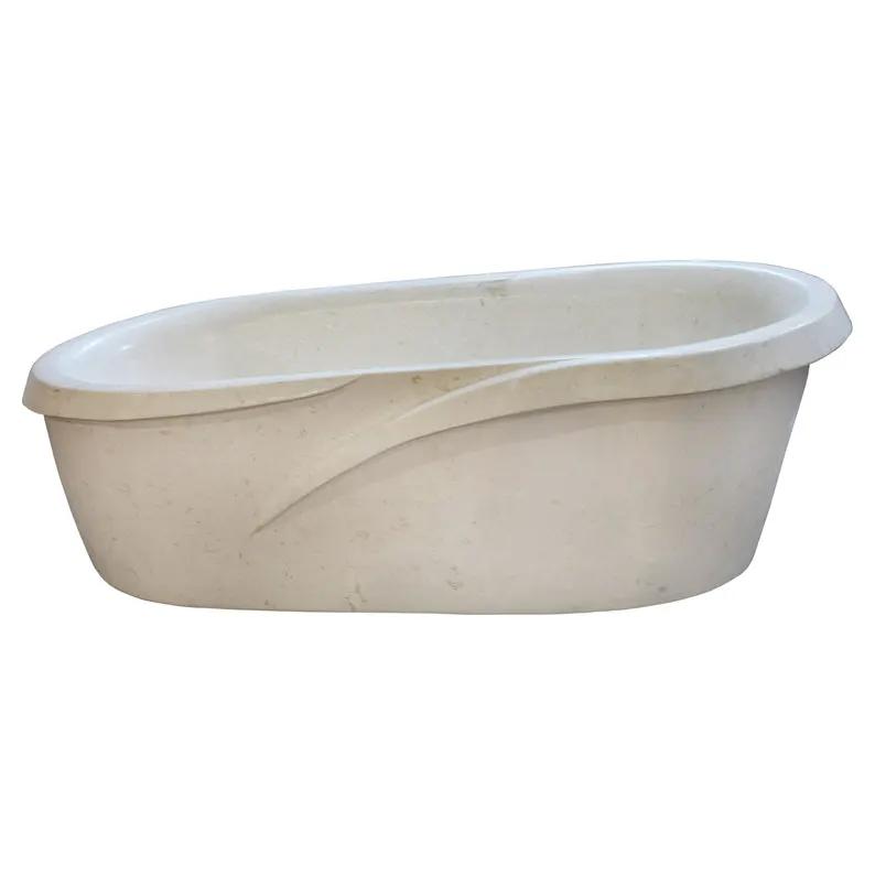 Bathtub Villohome white limestone sloped hand-carved tub, polished finish.