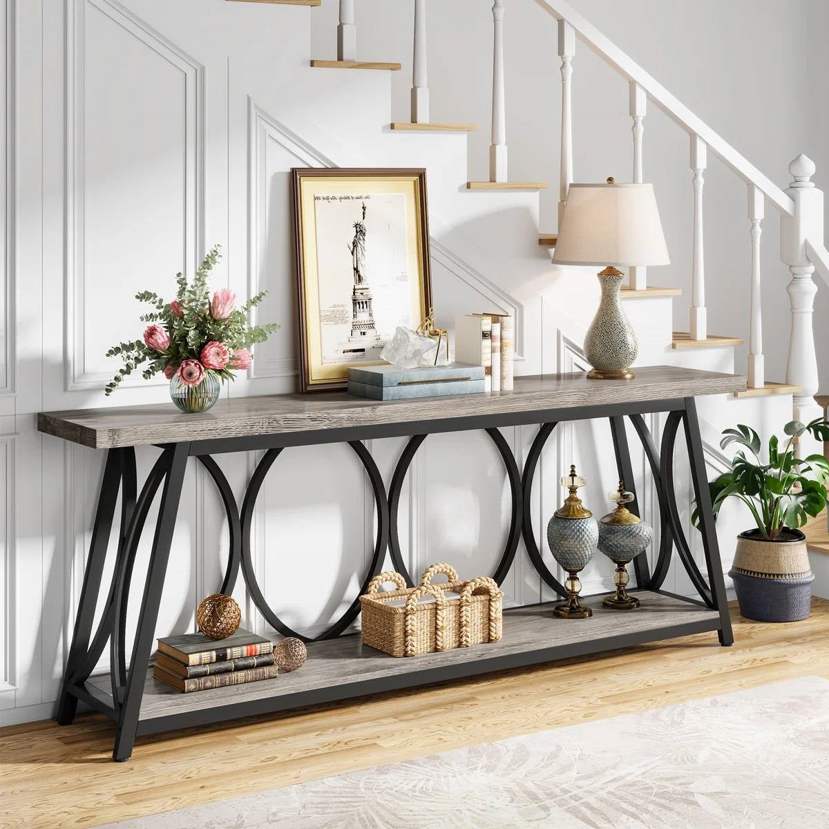 Industrial 70-inch Grey Wood Top Sofa Table with Heavy Duty Black Metal Frame
