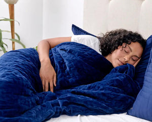 Original Weighted Blanket by Gravity Blankets in deep blue plush fabric