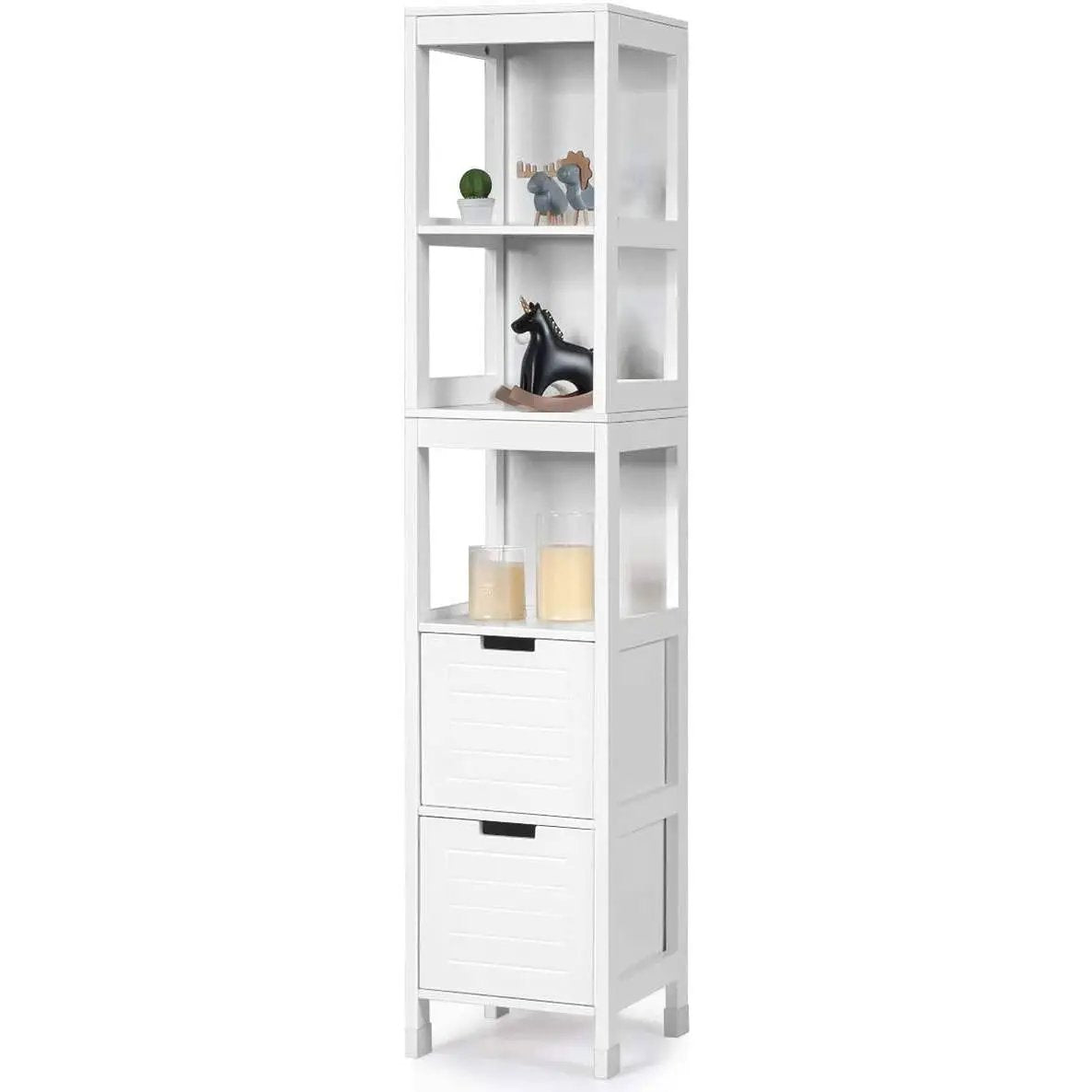 Bathroom Cabinet Tower with 2 Storage Drawers and 3 Shelves in White Wood Finish