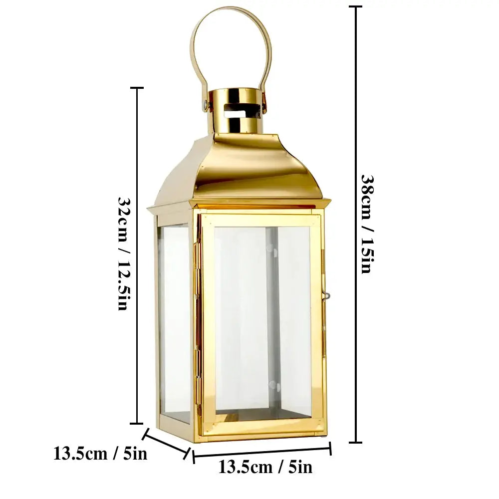JHY DESIGN gold stainless steel decorative candle lantern with glass panels and hanging loop