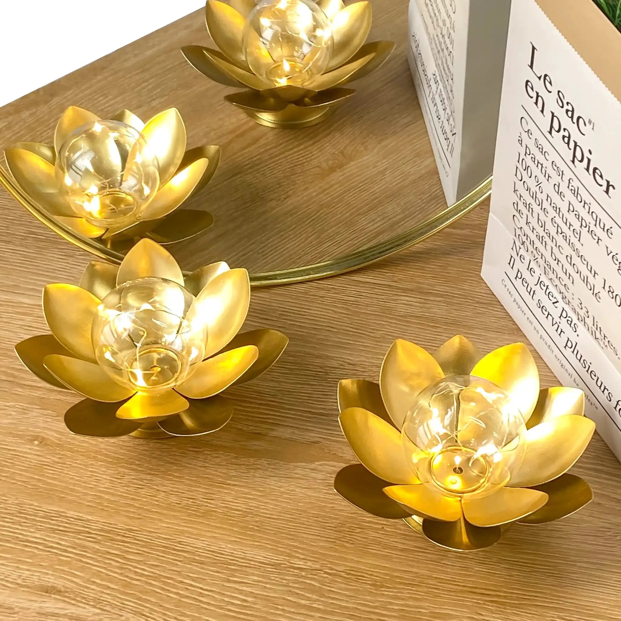 Gold lotus table lamps, set of 2, battery-operated.