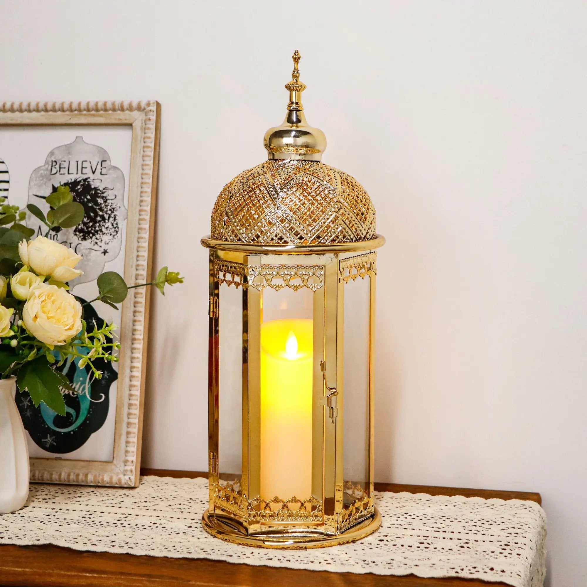 Moroccan candle lantern 15-inch gold hexagonal holder with intricate lattice, candle lit.