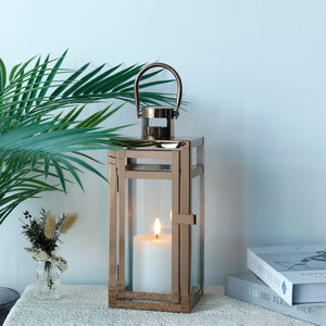 JHY DESIGN 12-inch rose gold metal decorative candle lantern with glass panels and lit candle