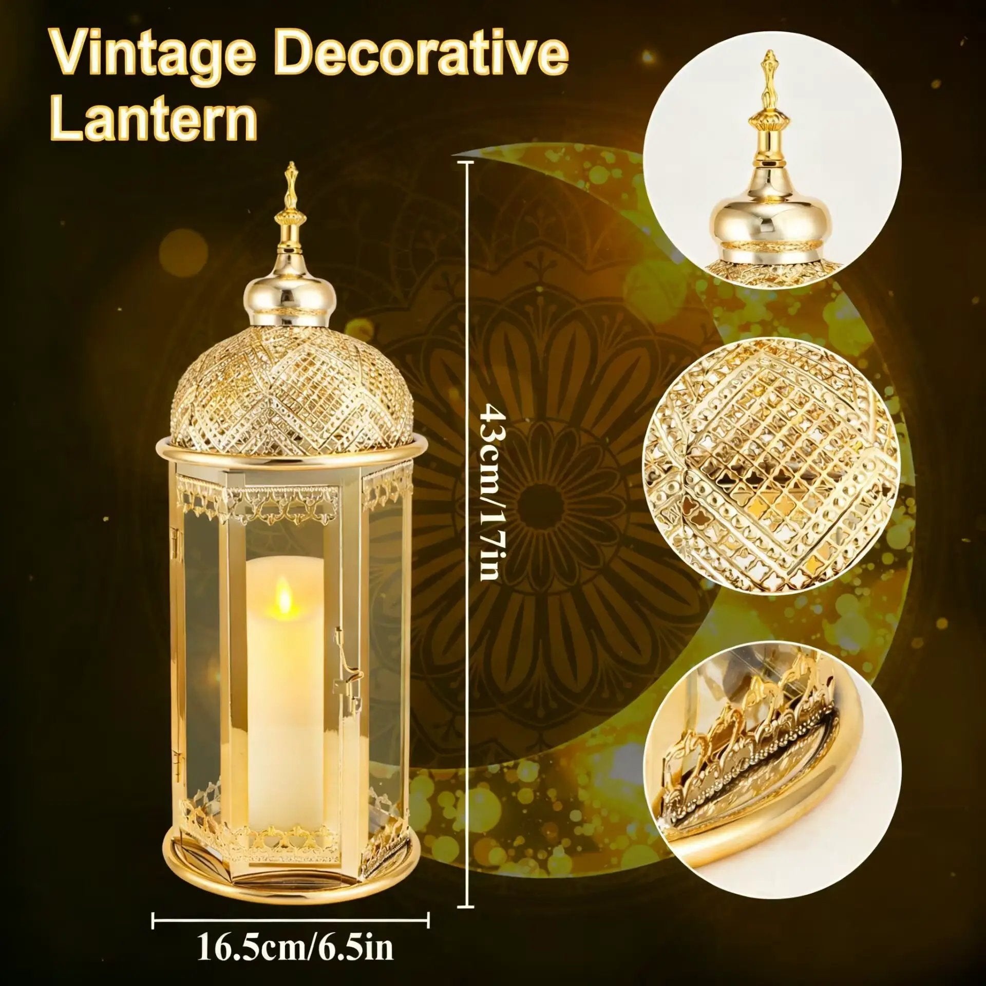 Moroccan candle lantern by JHY DESIGN, gold hexagonal metal with glass panels, 15 inches tall.