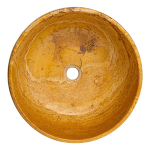 Golden Sienna Travertine bathroom vessel sink by Villohome; round natural stone basin in warm golden-orange tones.