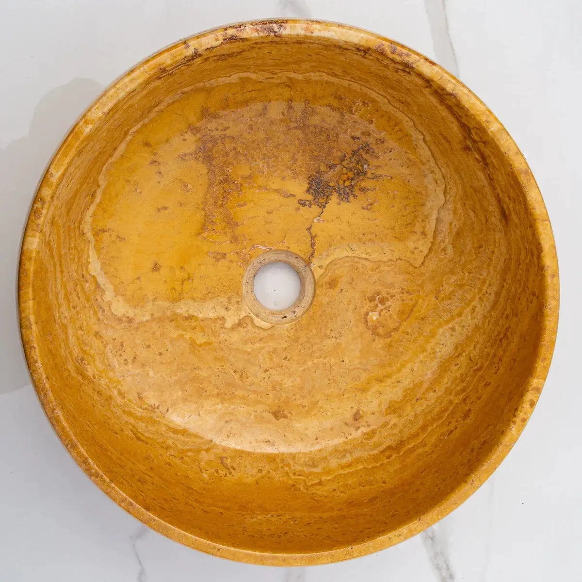 Golden Sienna travertine bathroom vessel sink, round stone basin with natural veining