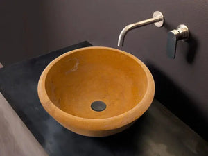 Villohome Golden Sienna travertine stone bathroom vessel sink, round drop-in vanity bowl.