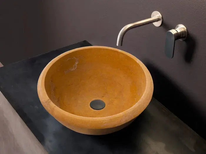 Villohome Golden Sienna travertine stone bathroom vessel sink, round drop-in vanity bowl.