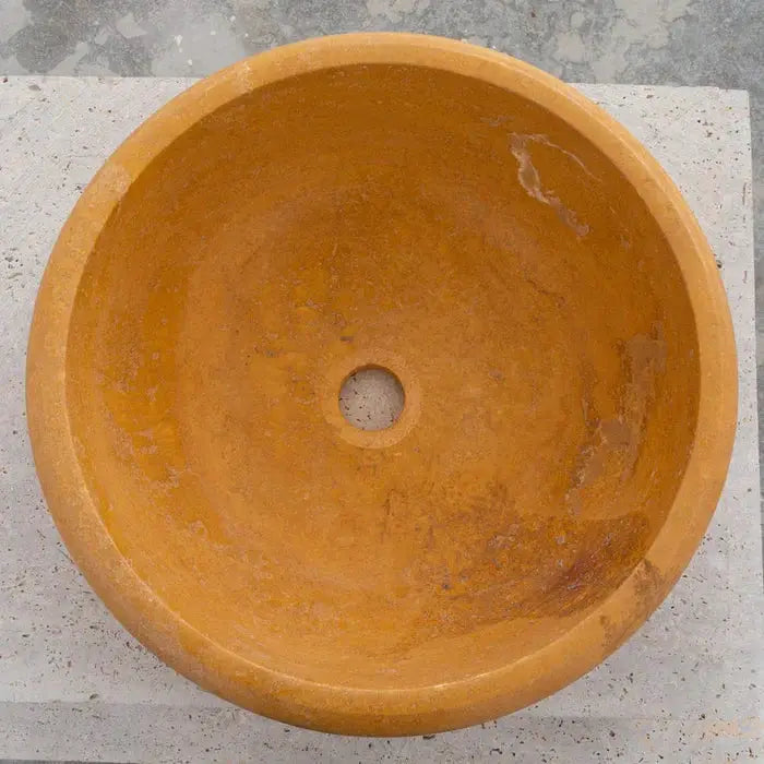 Golden Sienna travertine bathroom vessel sink by Villohome, round orange drop-in vanity basin.
