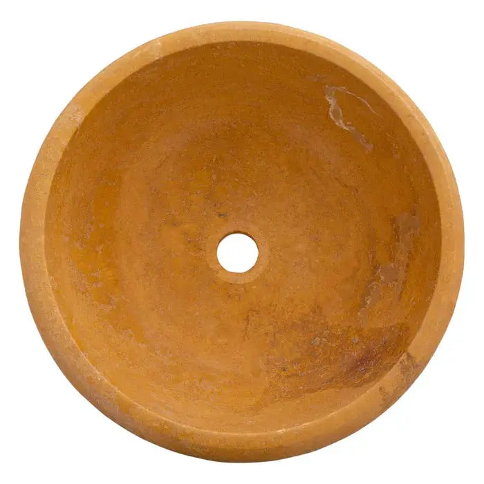 Golden Sienna travertine bathroom vessel sink, round natural stone basin.