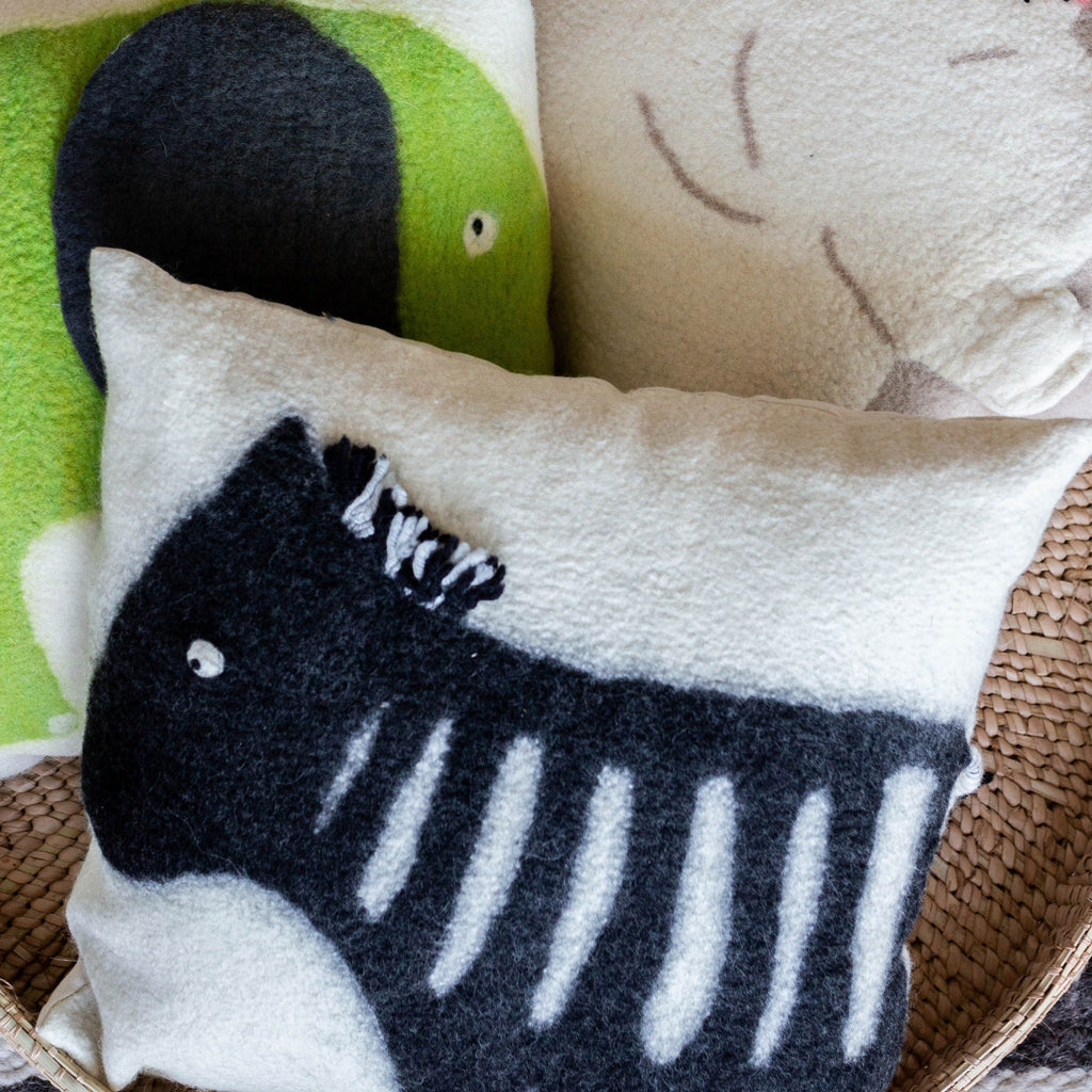 African Modern Boho Felted Decorative Pillow: Animal Zebra Jungle Wool Throw Pillow