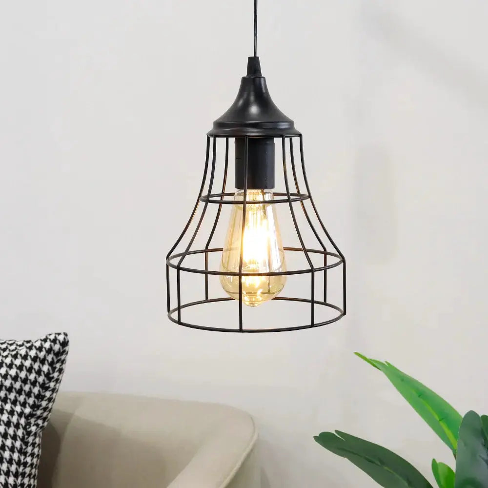 Black geometric metal cage pendant lamp with Edison bulb; battery-powered hanging light