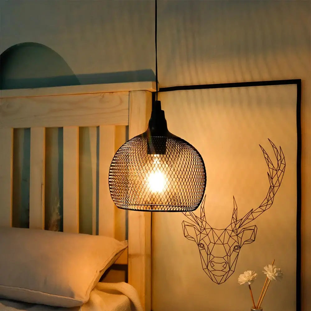 8.5H hanging lamp, black round wire-mesh cage, battery-powered by JHY DESIGN