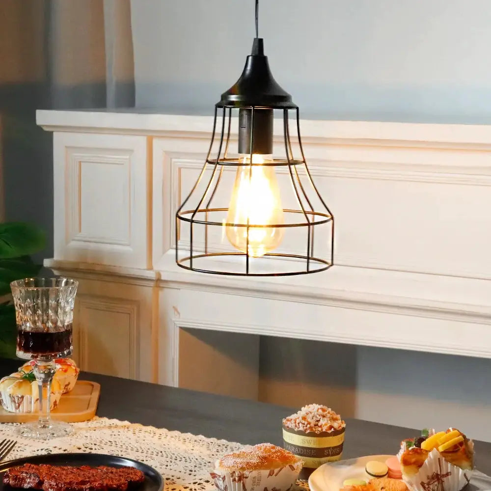 JHY DESIGN 9.5-inch black battery-powered hanging lamp with geometric metal cage and exposed bulb