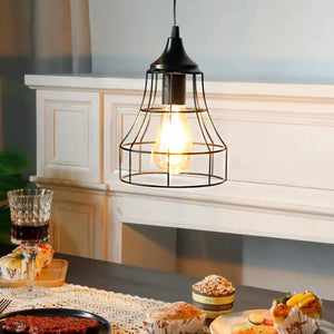 JHY DESIGN 9.5-inch black battery-powered hanging lamp with geometric metal cage and exposed bulb