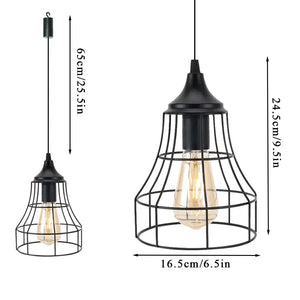 Two black metal geometric hanging lamps, battery powered with Edison bulb; by JHY DESIGN, 9.5in H x 6.5in Ø.