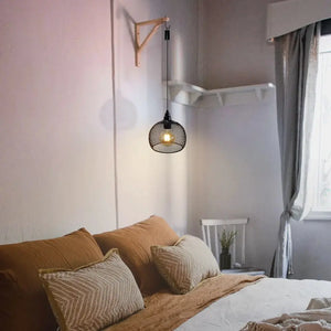 Hanging lamp black round metal cage shade, battery-powered pendant light