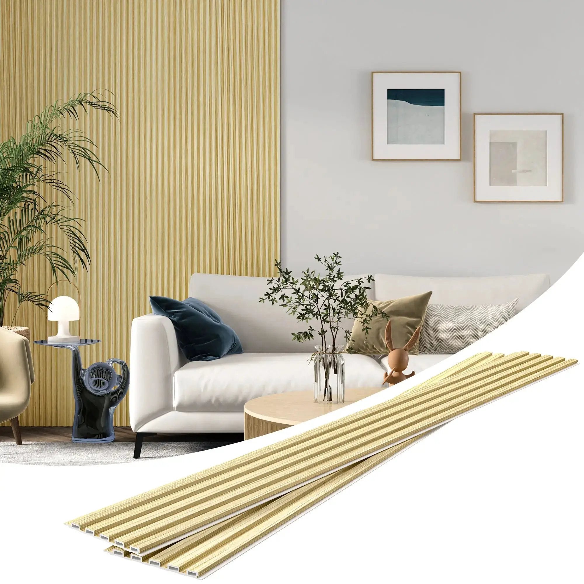 Hausvita 48x6 inch WPC slat wall panels, 16-pack, wood-toned interior wall paneling.