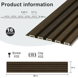 Hausvita 48 x 6 inch WPC slat wall panel set, 16 pieces in brown wood finish