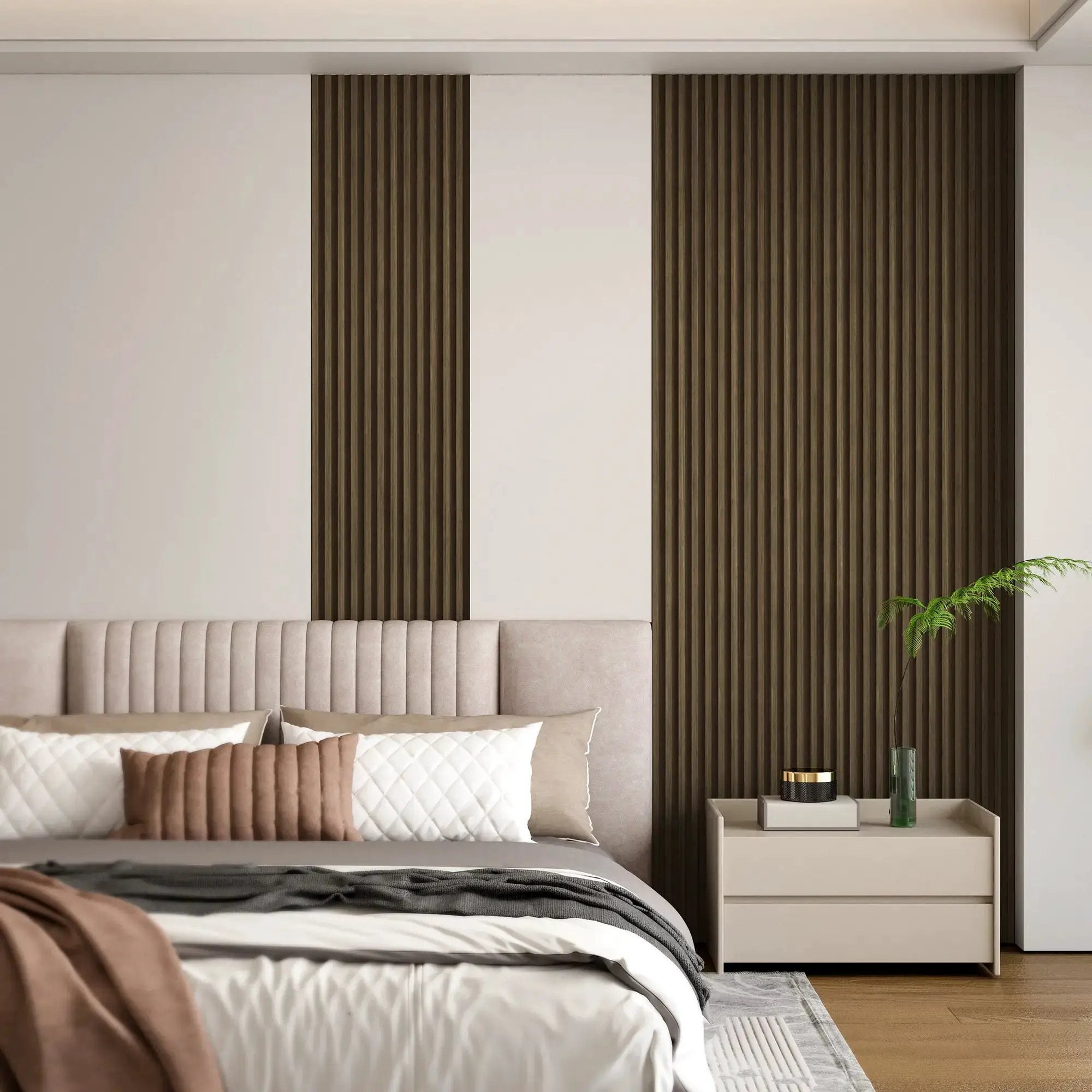 Hausvita WPC slat wall panel, 48x6in, dark brown vertical slats; two panels shown.