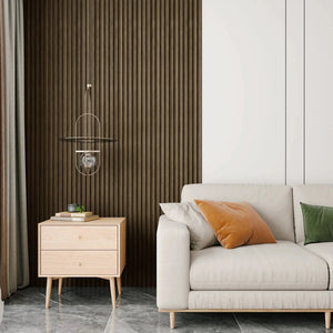 Hausvita 48x6 in WPC Slat Wall Panels, 16-pack, dark wood wall paneling in bedroom setting