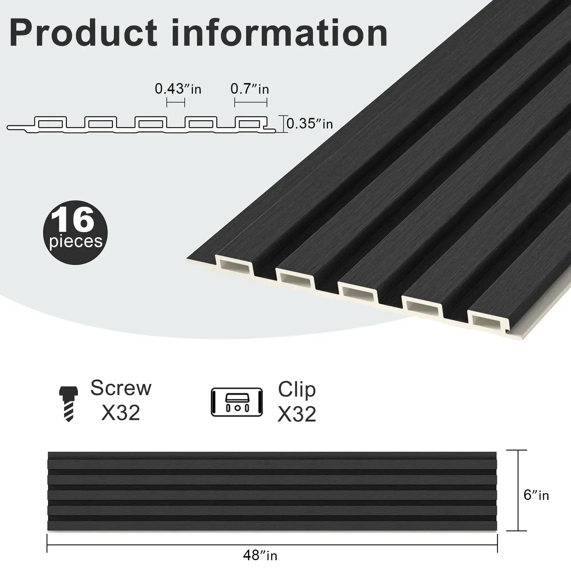 Hausvita WPC Slat Wall Panel, 48 x 6 in, 16-piece pack, black textured wall paneling