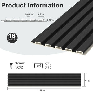 Hausvita WPC Slat Wall Panel, 48 x 6 in, 16-piece pack, black textured wall paneling