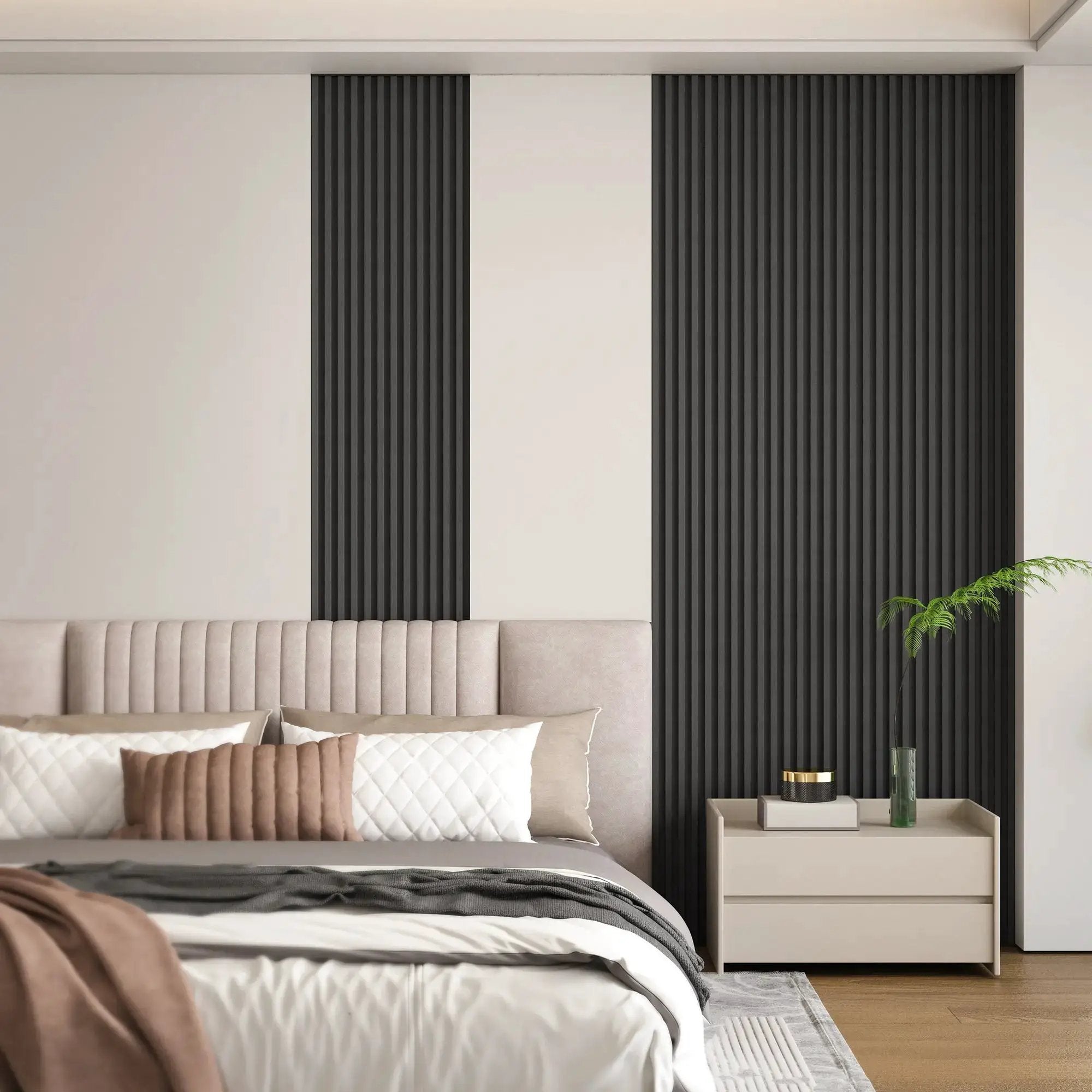 Hausvita WPC slat wall panels, black, 48x6 in, two pieces on beige bedroom wall.
