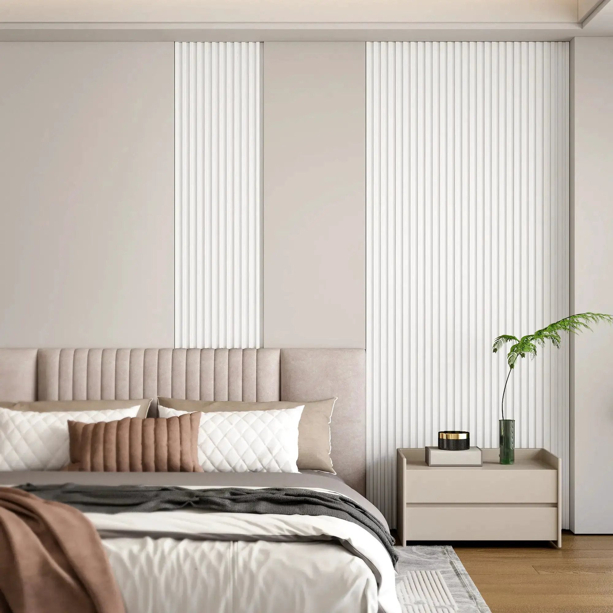 Hausvita WPC Slat Wall Panel, 48 x 6 in, 16-pack, white vertical slats on beige wall.