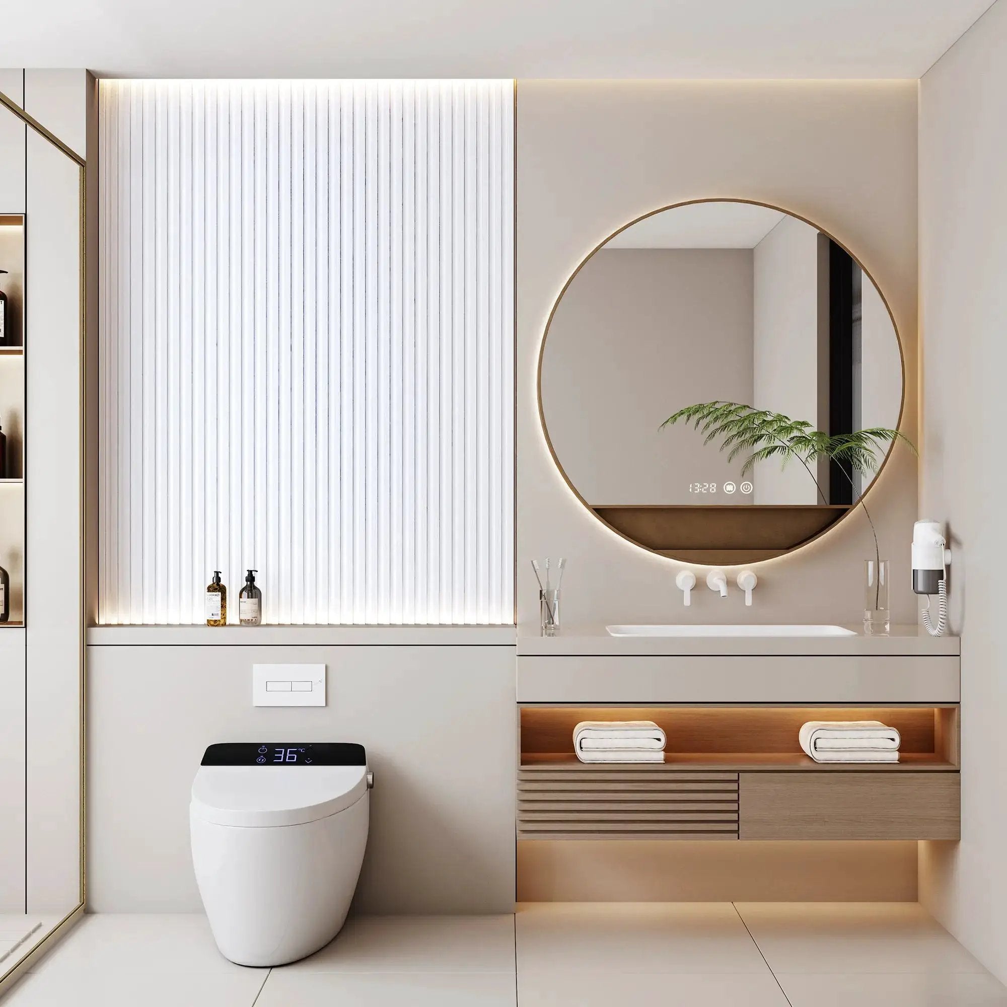 Hausvita 48 x 6 inch WPC Slat Wall Panel, 16-pack, white vertical slat wall in a modern bathroom