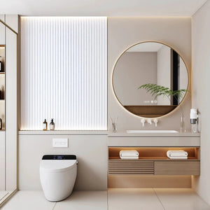 Hausvita 48 x 6 inch WPC Slat Wall Panel, 16-pack, white vertical slat wall in a modern bathroom