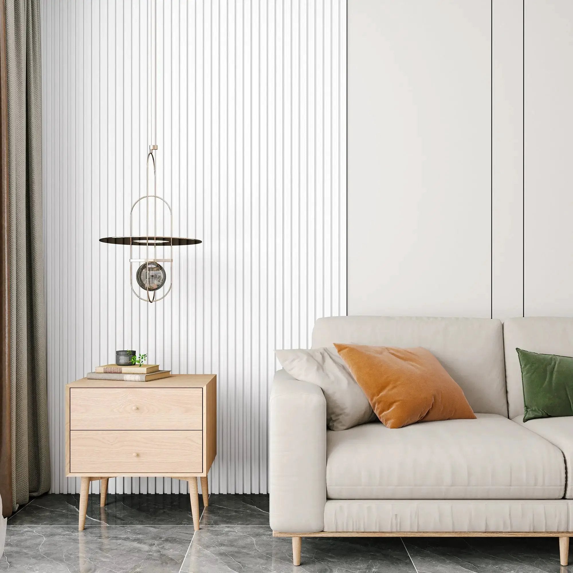 Hausvita WPC Slat Wall Panel 48 x 6 in, 16-pack, white vertical slats on bedroom wall