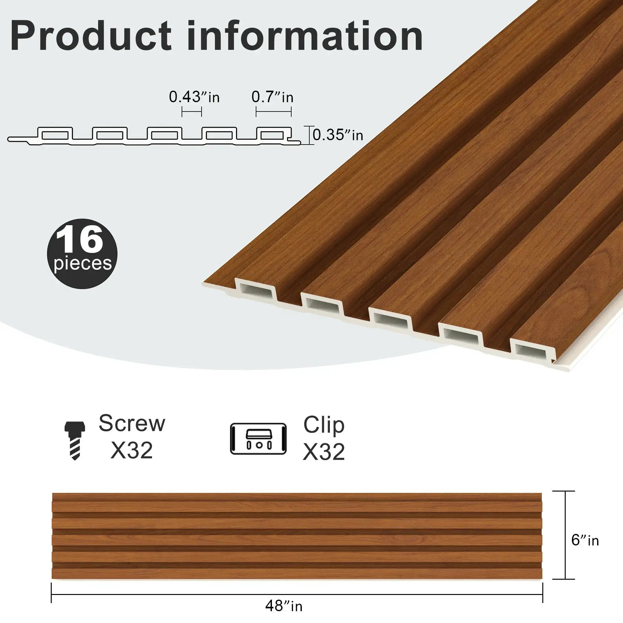 Hausvita WPC slat wall panel, 48 x 6 in, wood-look brown finish, 16-piece pack.