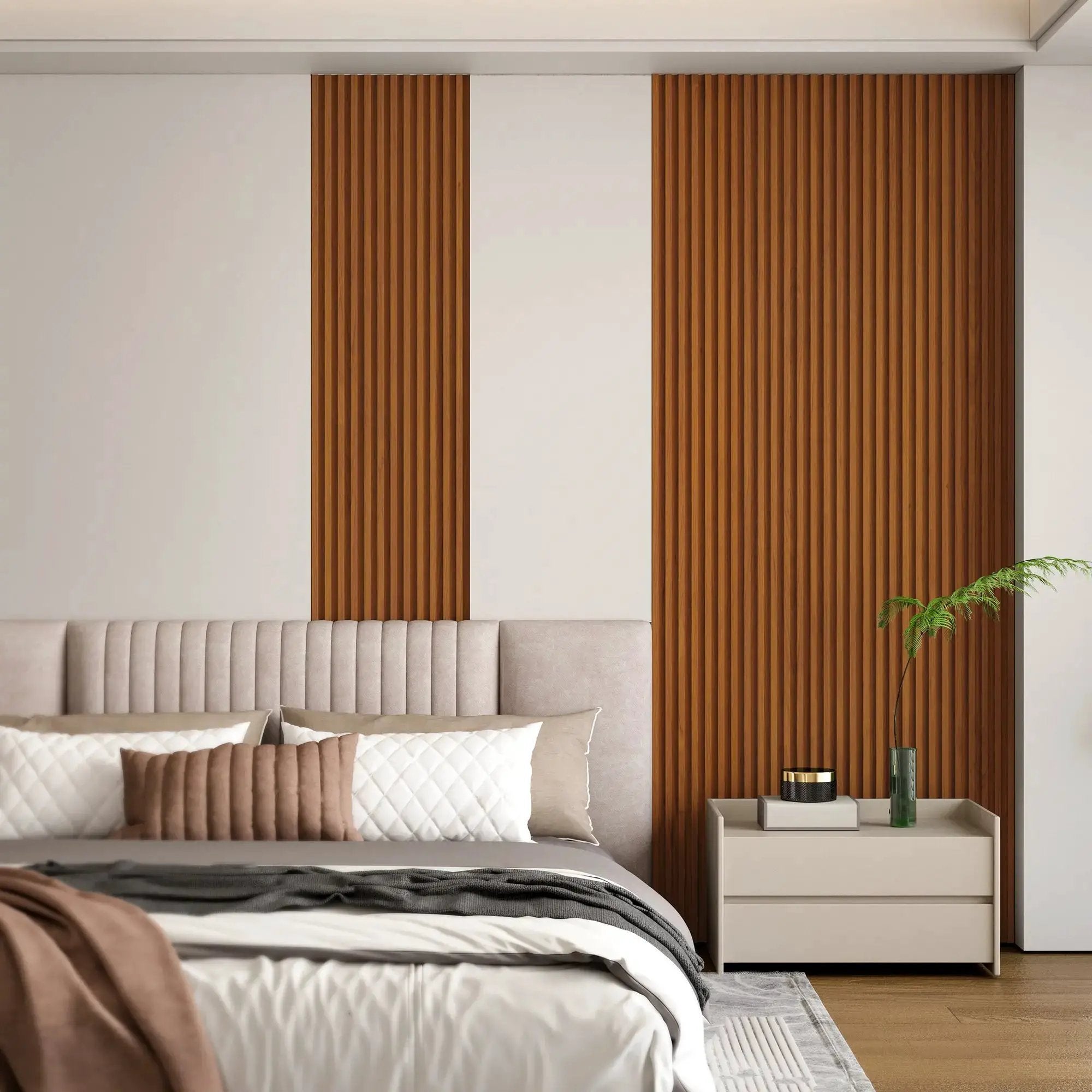 Hausvita 48 x 6 in WPC Slat Wall Panel set, 16-pack, brown vertical slats for wall paneling.