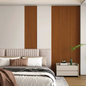 Hausvita 48 x 6 in WPC Slat Wall Panel set, 16-pack, brown vertical slats for wall paneling.