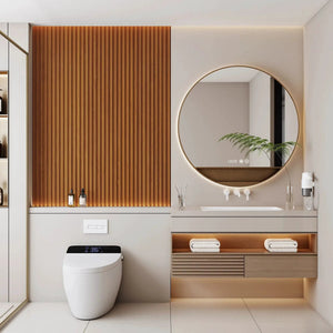 Hausvita 48 x 6 inch WPC Slat Wall Panel, 16-pack, vertical wooden slats in a modern bathroom