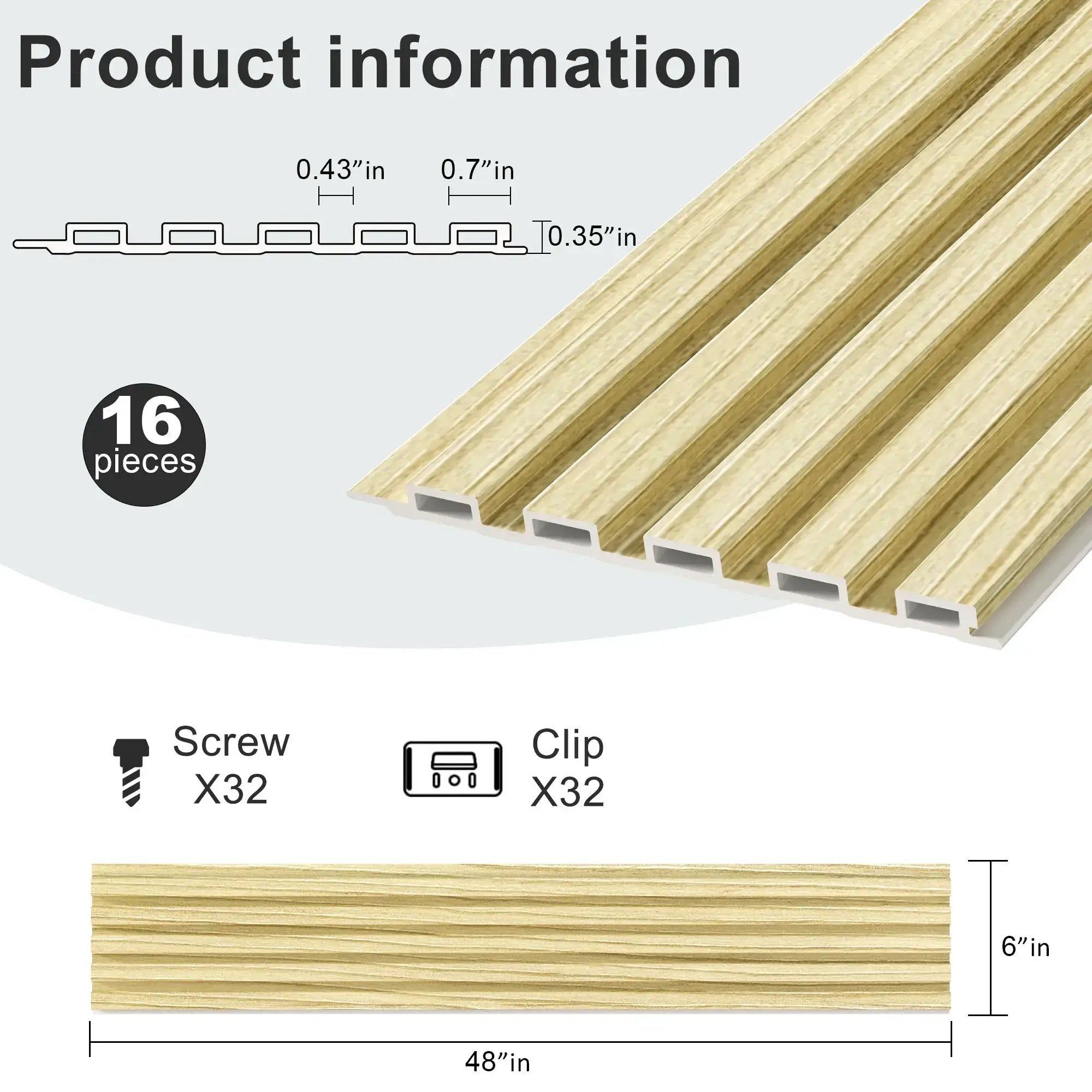 Hausvita WPC slat wall panel, 48 x 6 in, 16-piece pack, wood-textured wall paneling.